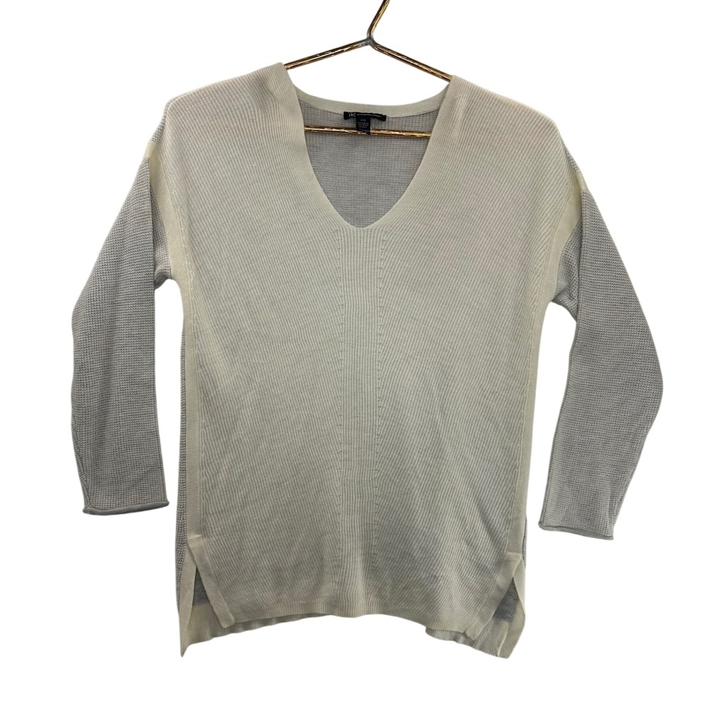 INC International Concepts V-Neck Tunic Sweater Ribbed Knit Luxe Cream XXL